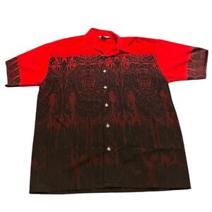Vtg Ultimate Sport RGC Hawaiian Style Button Up Mens Large Red Black Tribal Tiki